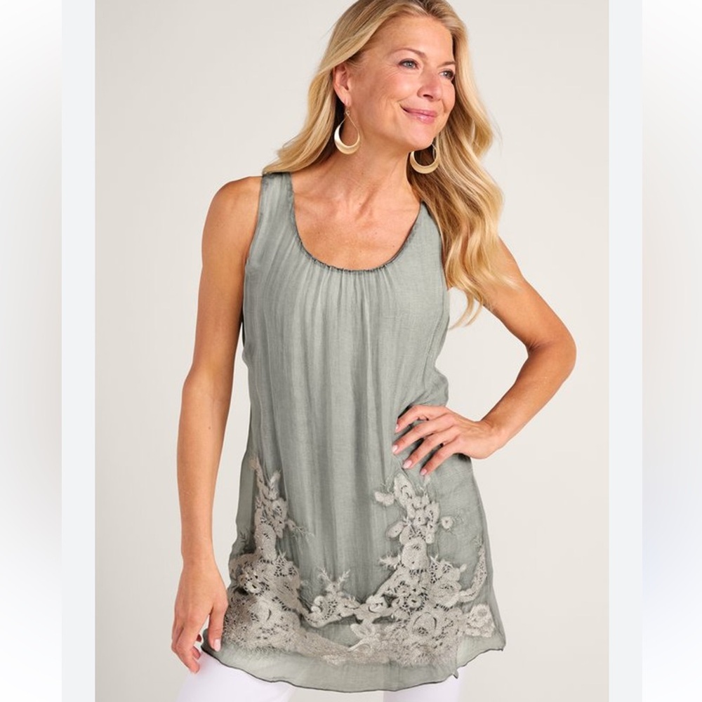 Soft Surroundings Silk Sophia Tunic Gray Floral Lace Applique Sleeveless Tank